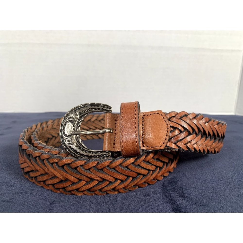 Vintage Womens Braided Belt Leather Brown Medium Solid‎ Silver Tone Buckle Nice - Picture 3 of 16